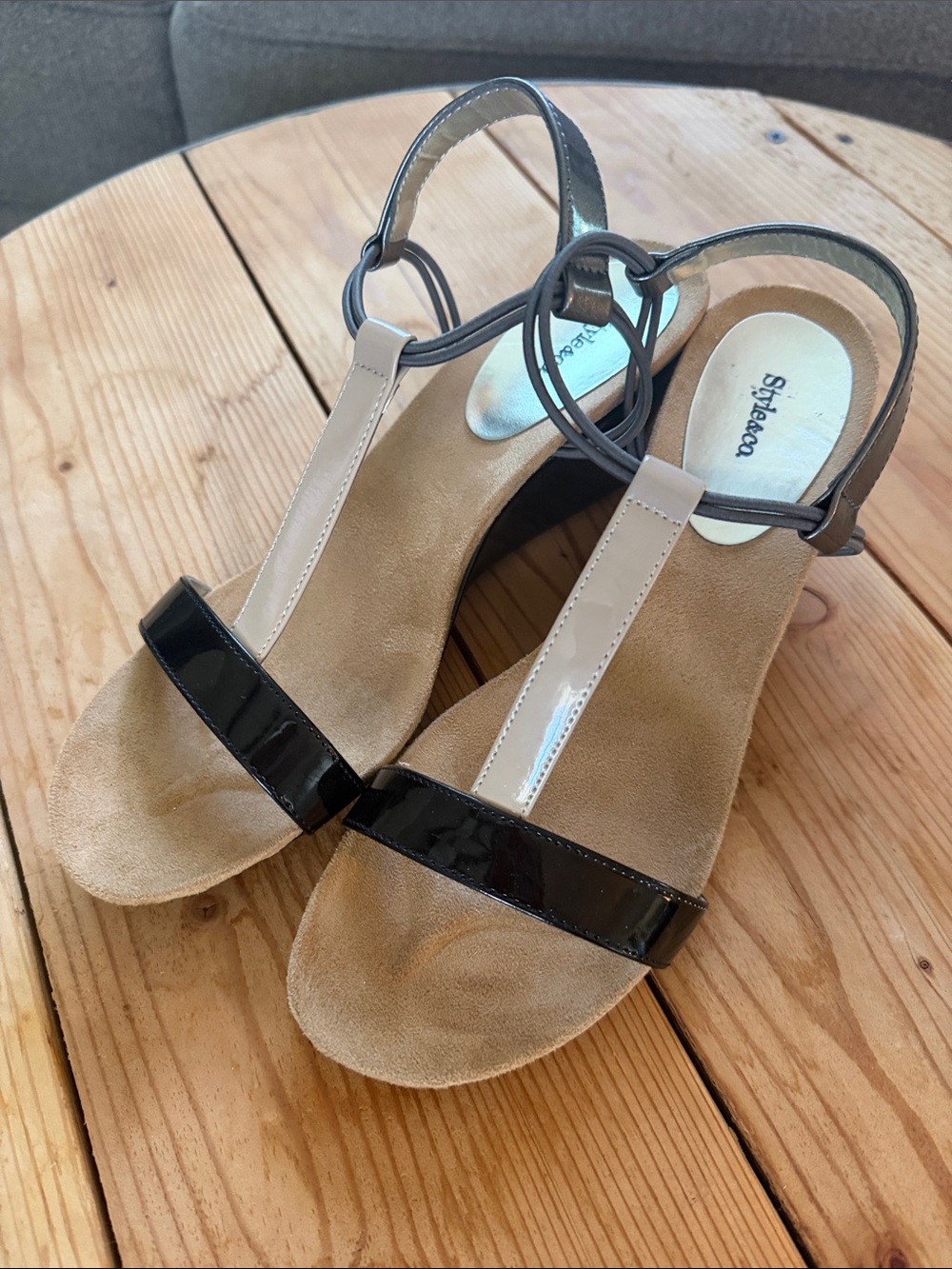 Style & Co. Black Patent and Beige T-Strap Sandals